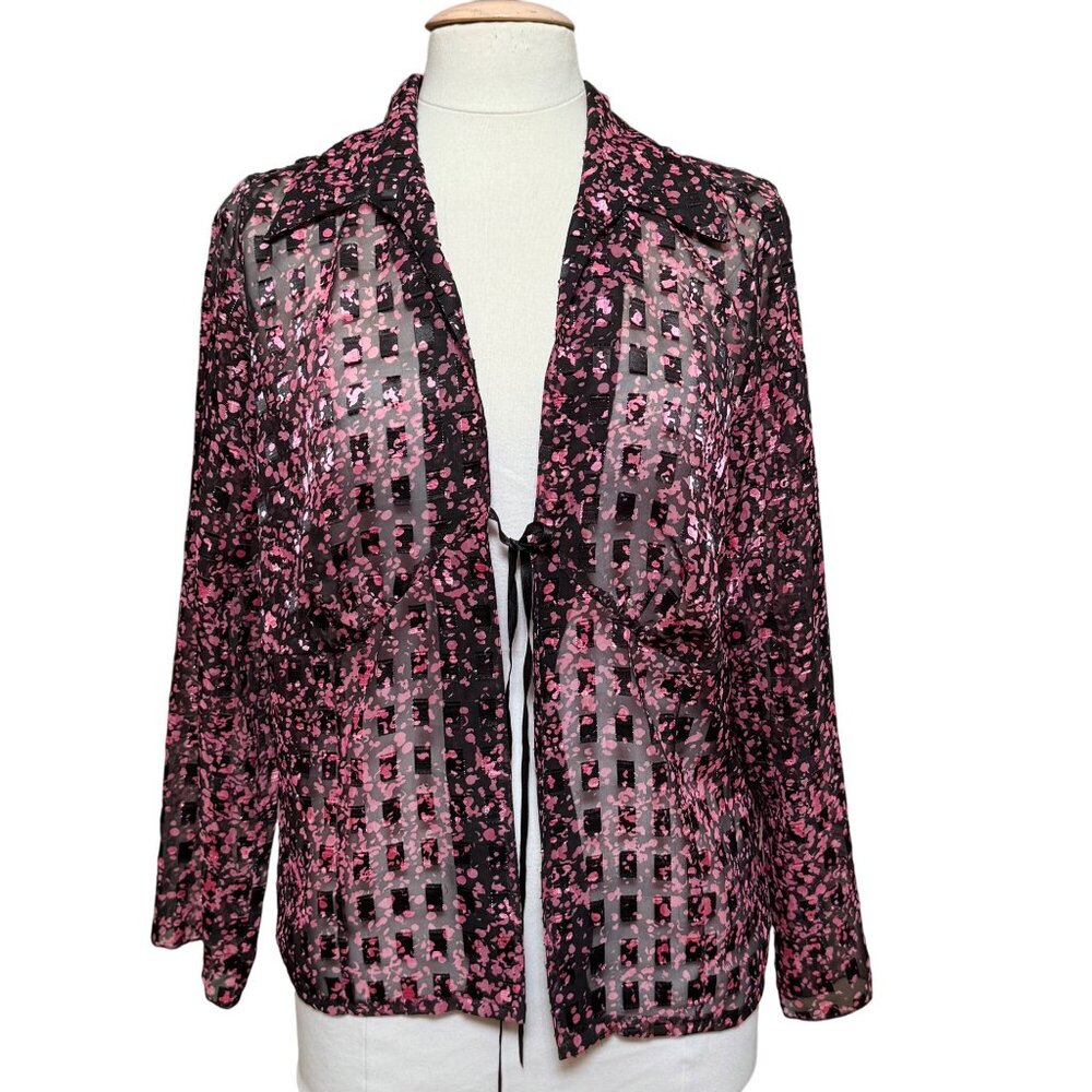 Studio 1940 Sheer Black Pink Gold Metalic Burnout‎ Babydoll Blouse Tie 14/16W
